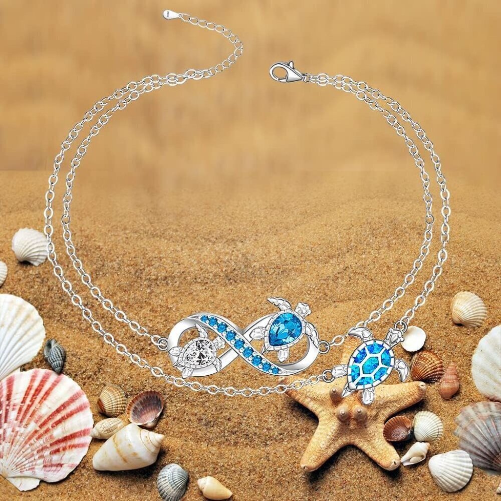 Sterling Silver Sea Turtle Anklet Blue Opal Beach Jewelry for Women - Picture 9 of 9